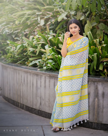 Yellow Bloom Cotton Linen Delicate Prints Saree