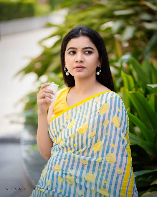 Yellow Bloom Cotton Linen Delicate Prints Saree