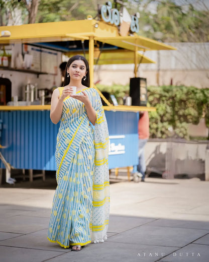 Yellow Bloom Cotton Linen Delicate Prints Saree