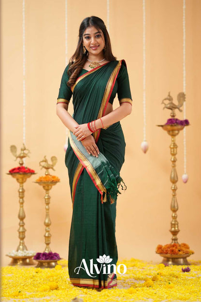 Dark Green Handloom  Narayanpet Cotton Saree