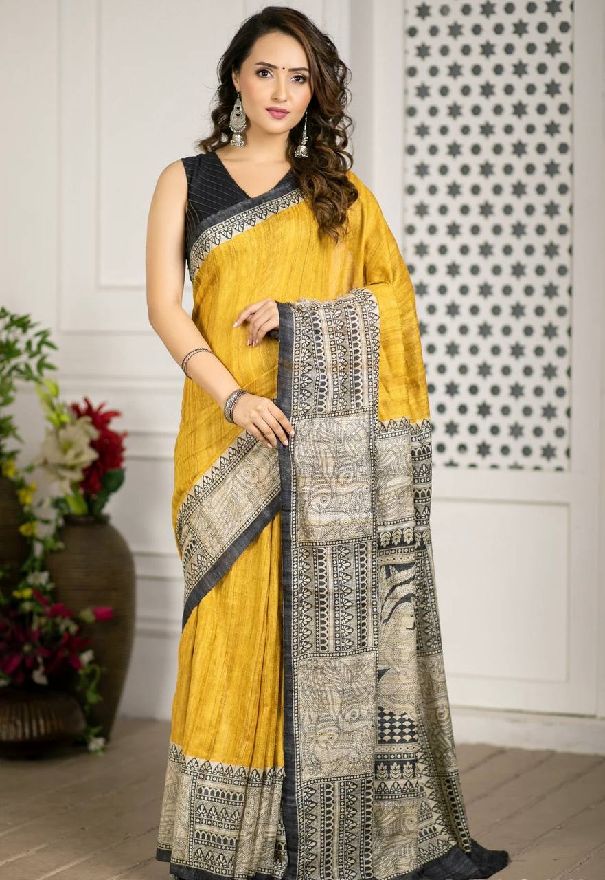Yellow With Grey Broder Cotton LInen Madhubani Print Saree
