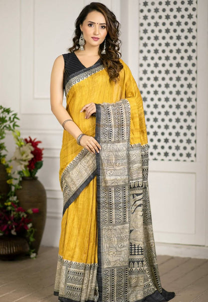 Yellow With Grey Broder Cotton LInen Madhubani Print Saree