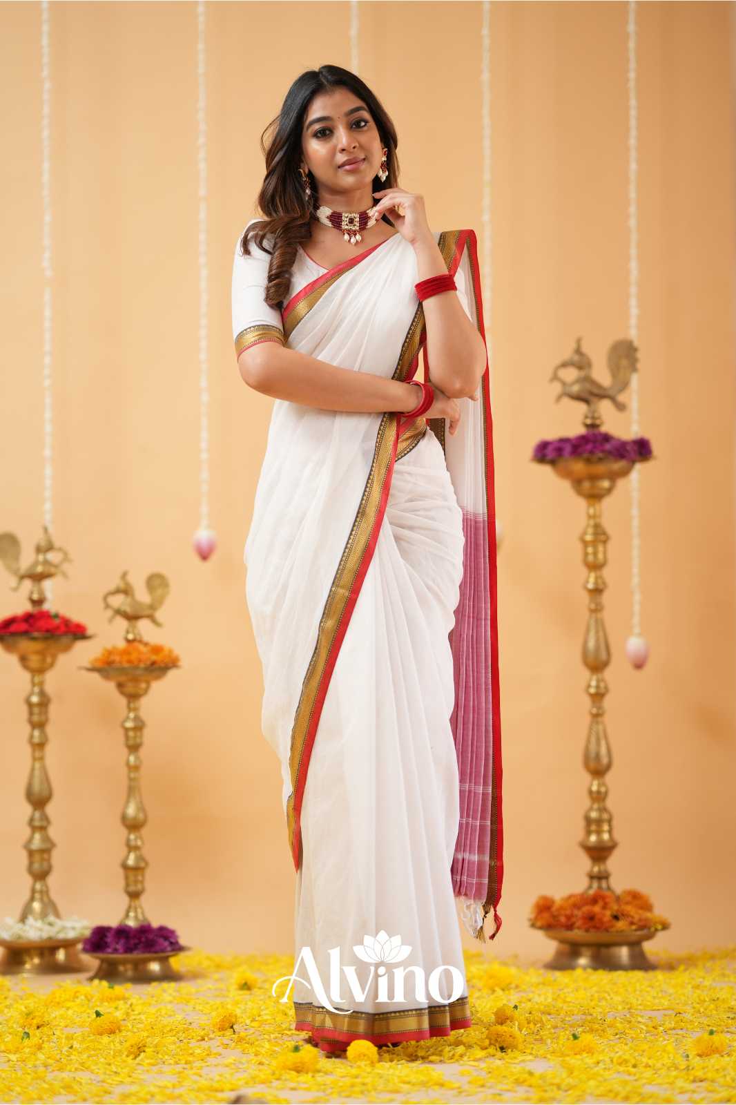 White  Narayanpet Cotton Saree