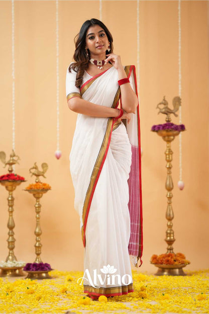 White Handloom  Narayanpet Cotton Saree