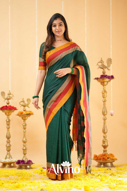 Dark Green Handloom Narayanpet Cotton Saree