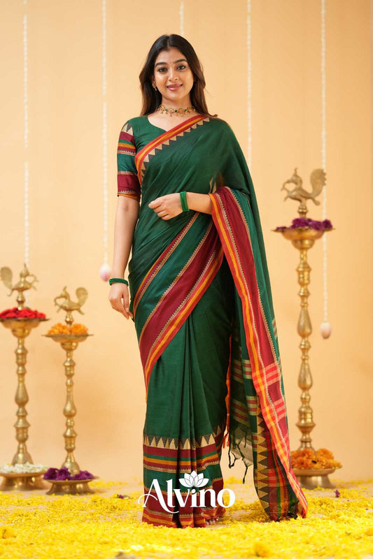 Dark Green Handloom Narayanpet Cotton Saree