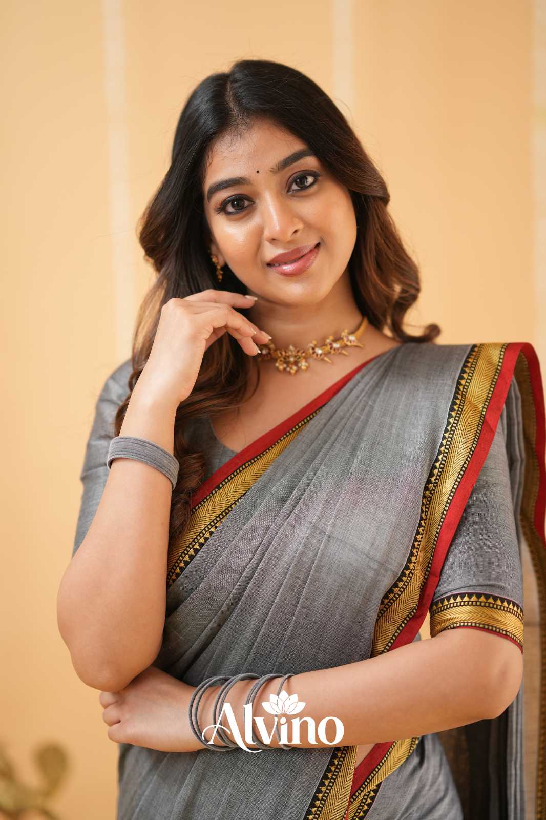 Grey  Narayanpet Cotton Saree