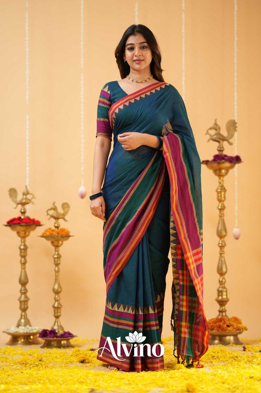 Teal Narayanpet Cotton Saree