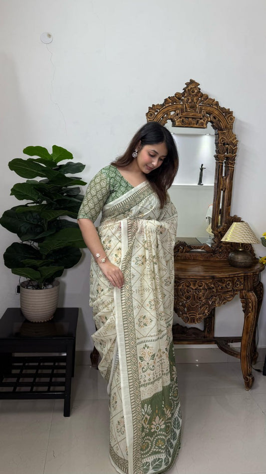 Cream And Green Lotus Floral Linen Cotton Hand Loom Saree