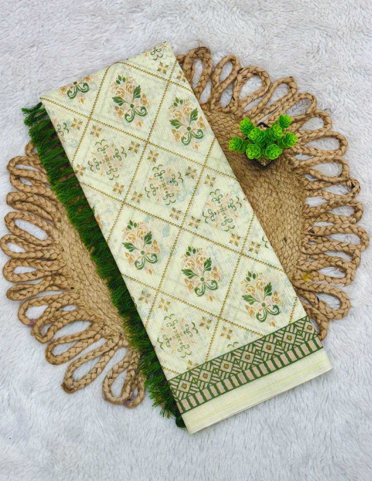 Cream And Green Lotus Floral Linen Cotton Hand Loom Saree