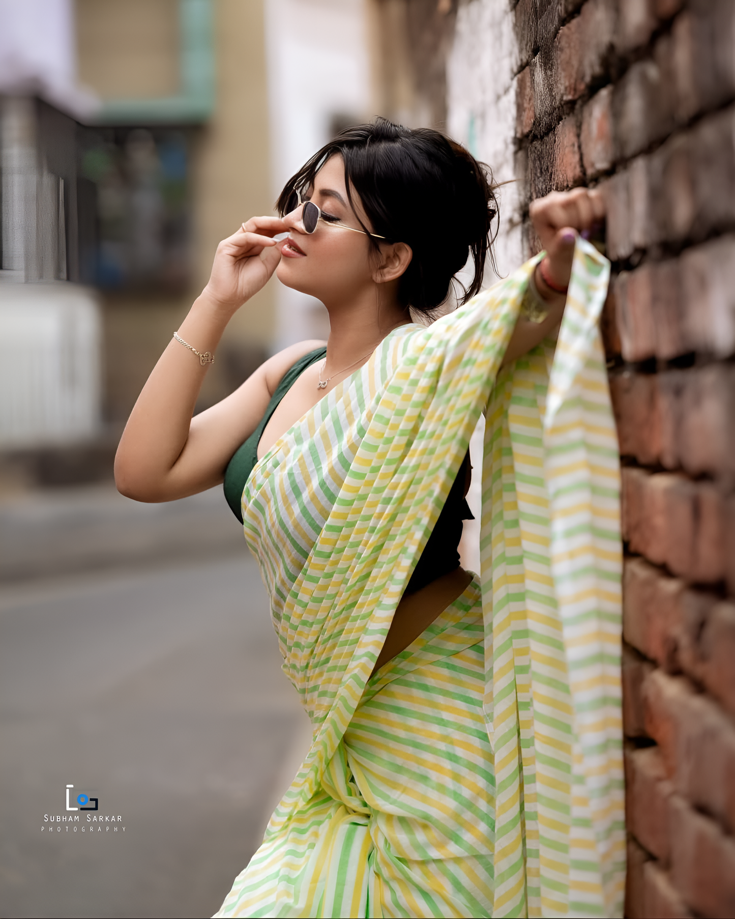 Yellow Green Striped Design Handloom Cottan Linen Saree