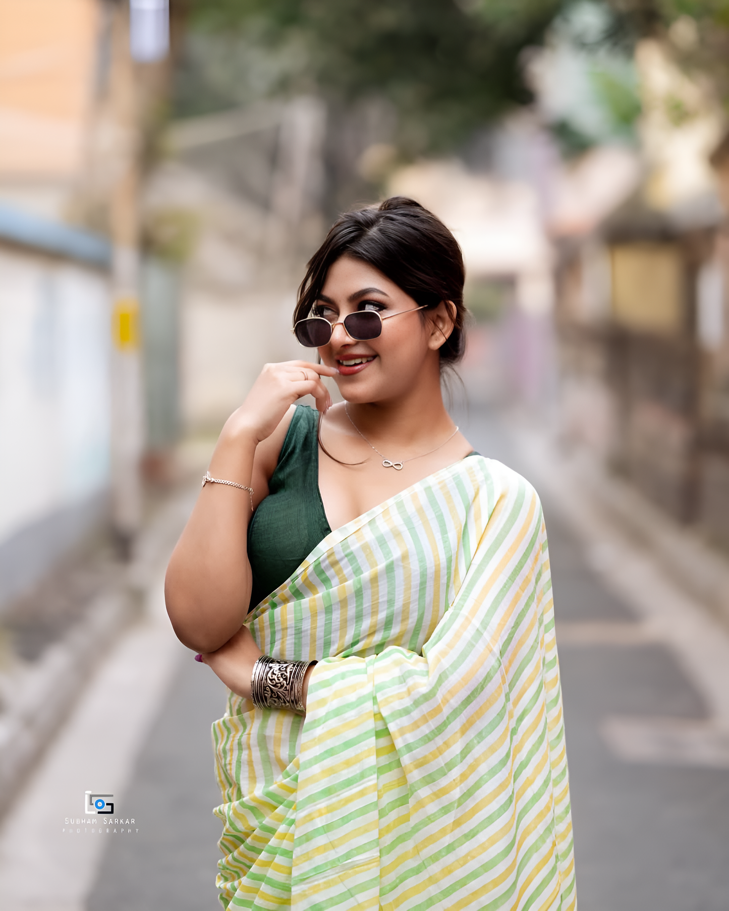 Yellow Green Striped Design Handloom Cottan Linen Saree
