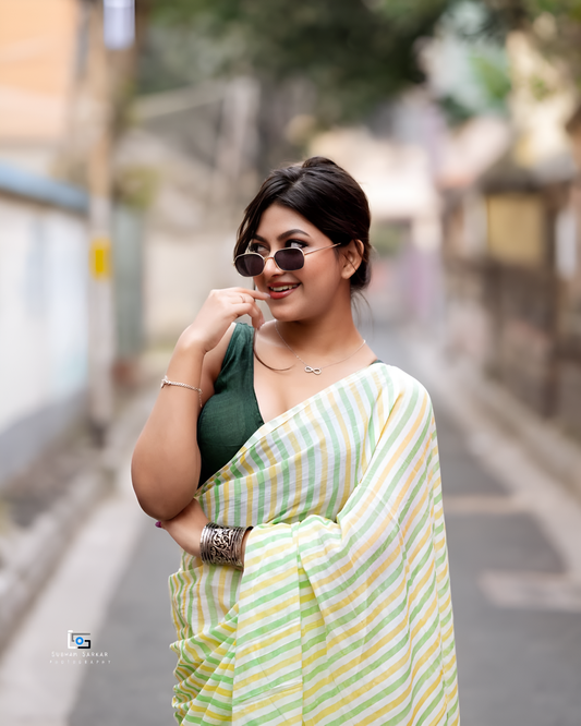 Yellow Green Striped Design Handloom Cottan Linen Saree