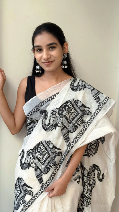 Cream Linen Printed Saree