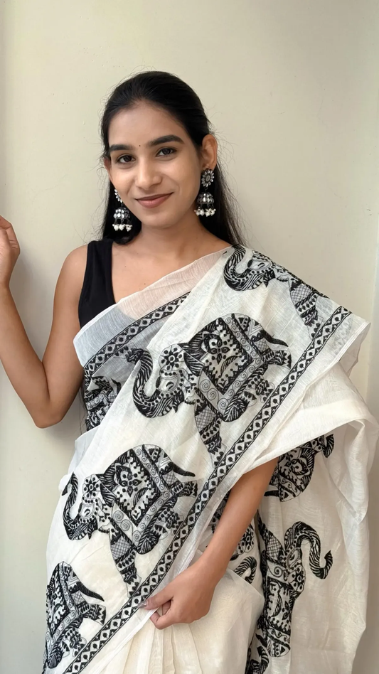Cream Linen Printed Saree