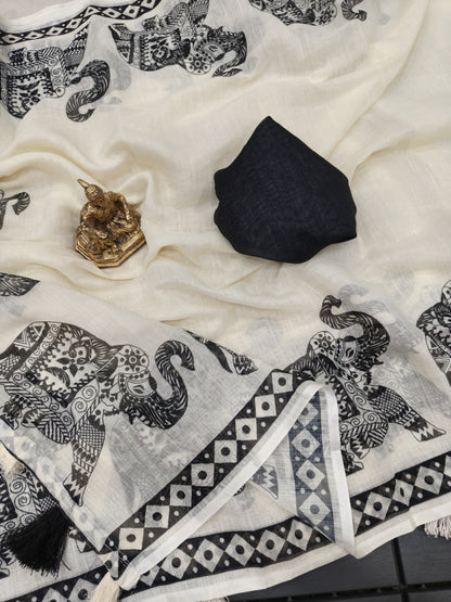Cream Linen Printed Saree