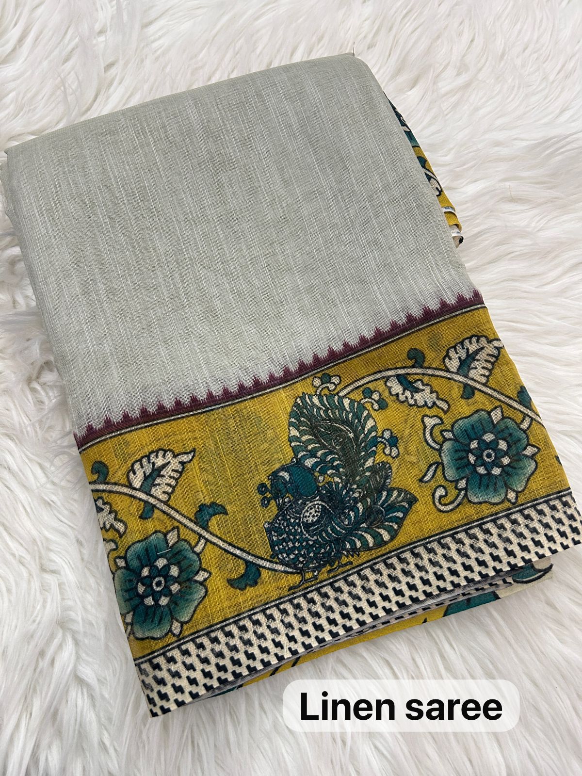 Grey Soft Linen Cotton Saree With Matching Blouse