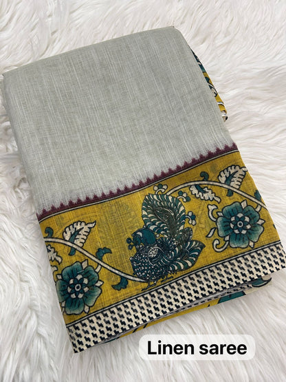 Grey Soft Linen Cotton Saree With Matching Blouse