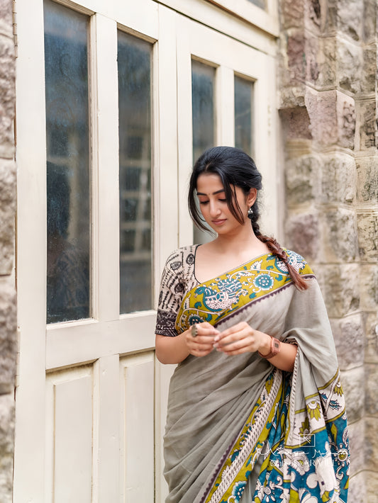 Grey Soft Linen Cotton Saree With Matching Blouse