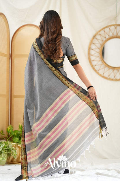 Grey Handloom Narayanpet Cotton Saree