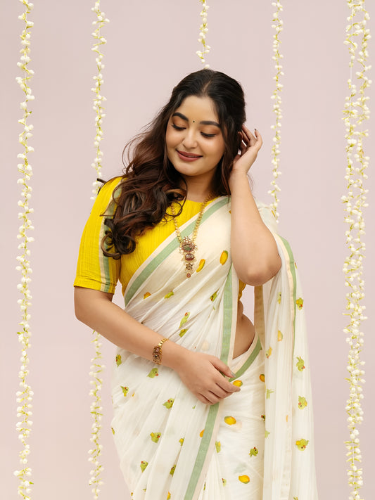 Mango Design Cotton Linen Hand Loom saree