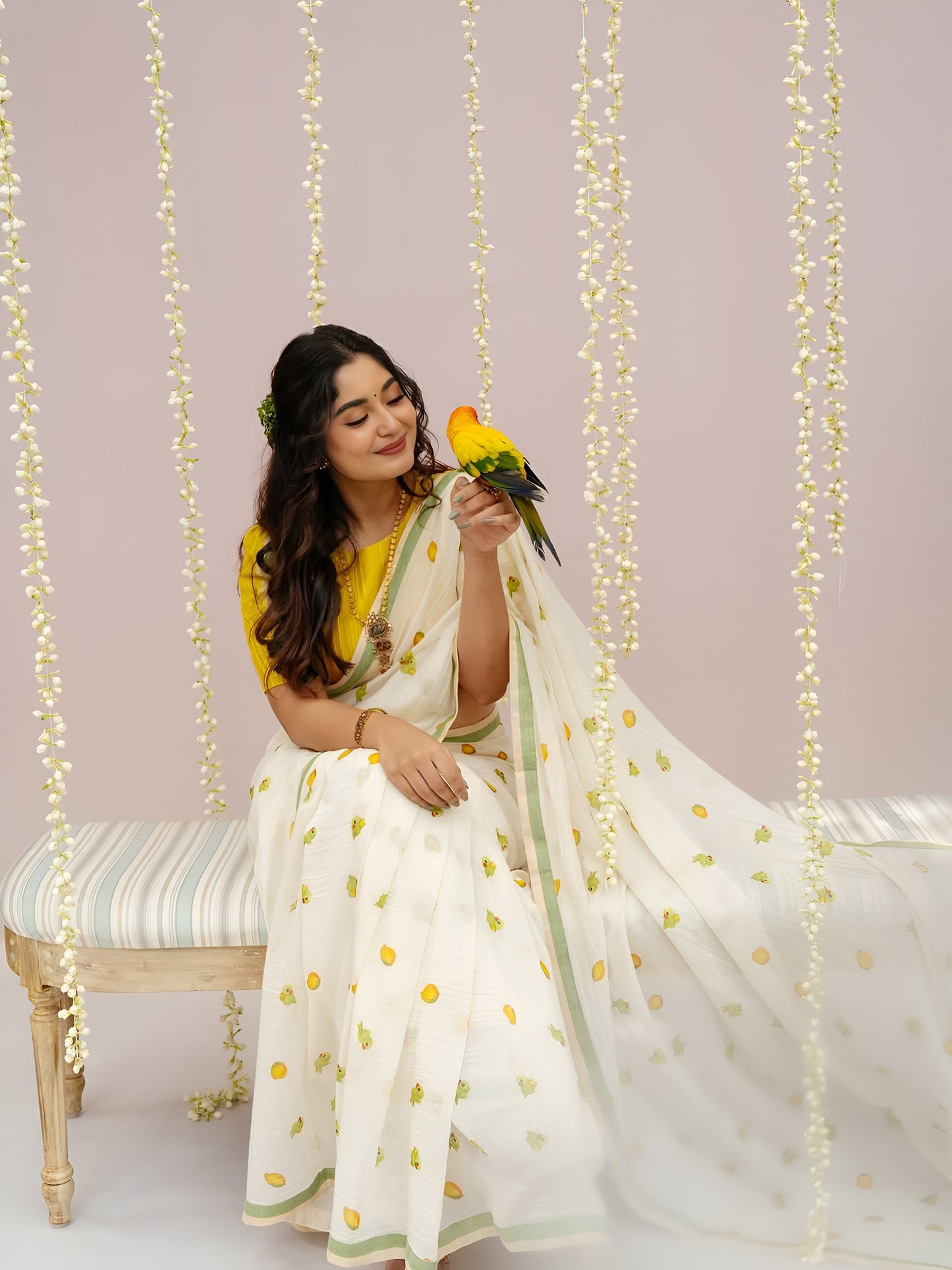 Mango Design Cotton Linen Hand Loom saree