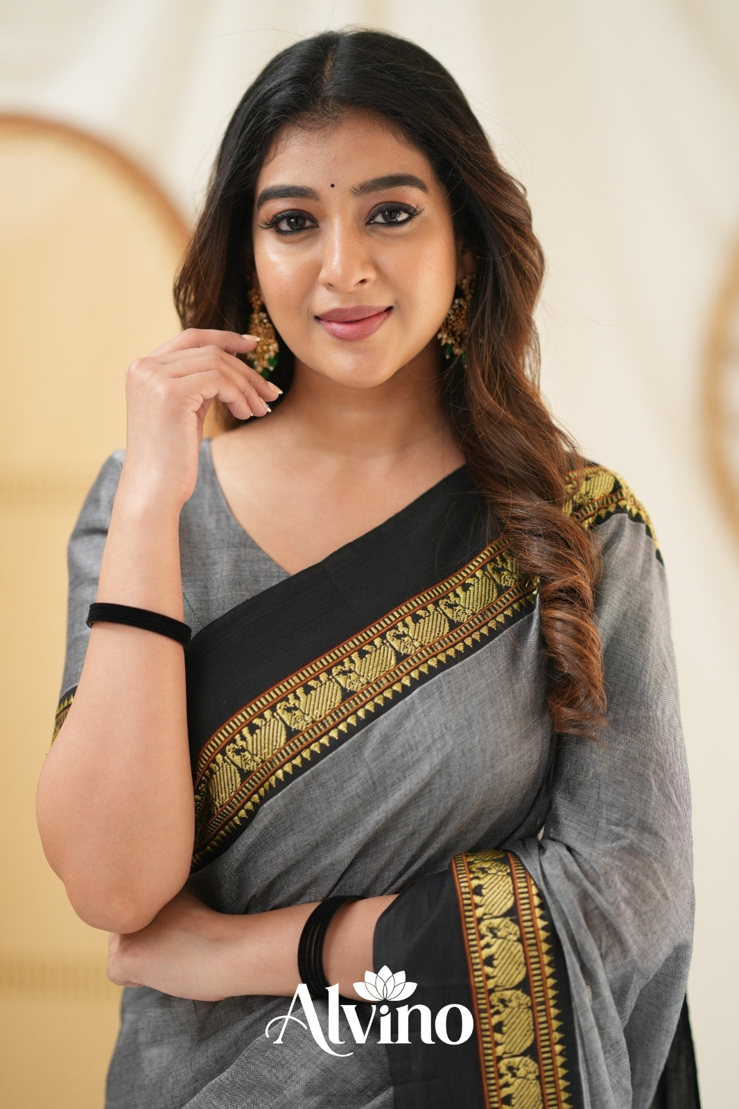 Grey  Narayanpet Cotton Saree