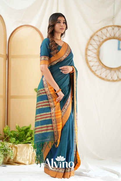 Teal Handloom  Narayanpet Cotton Saree