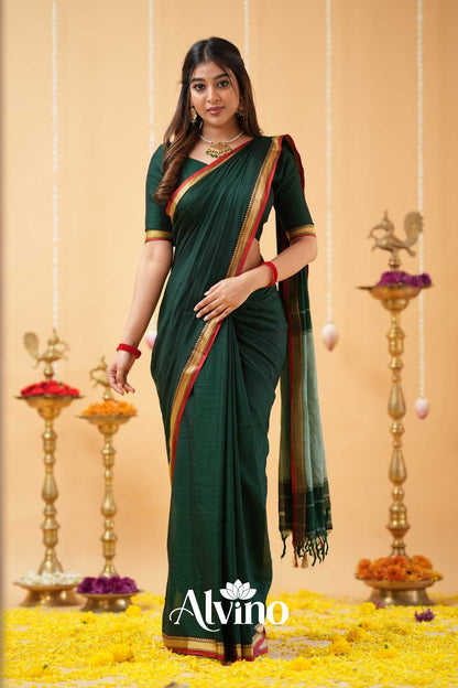 Dark Green Handloom  Narayanpet Cotton Saree