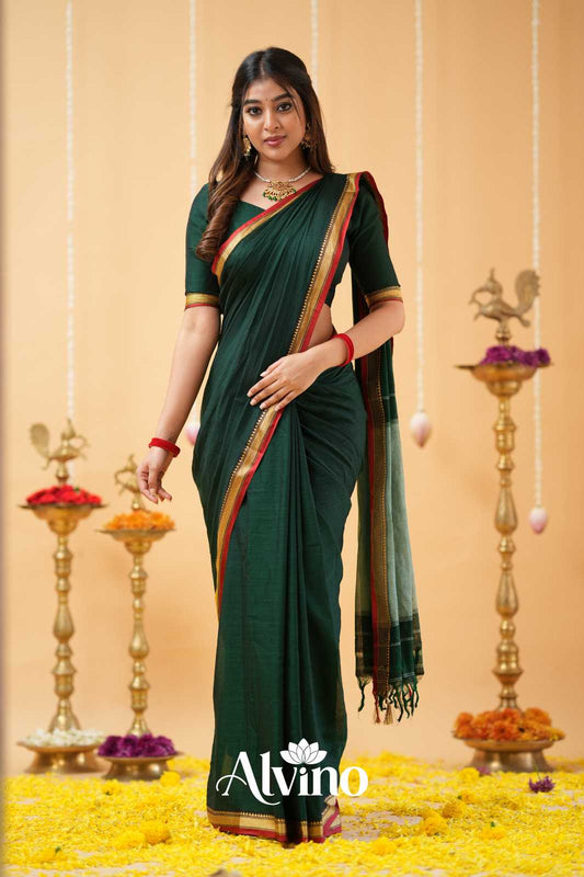 Dark Green Handloom  Narayanpet Cotton Saree