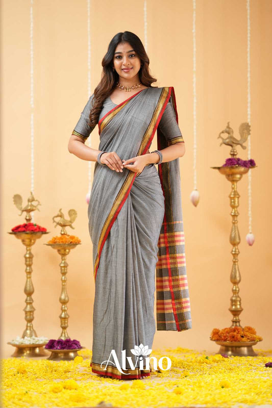 Grey  Narayanpet Cotton Saree
