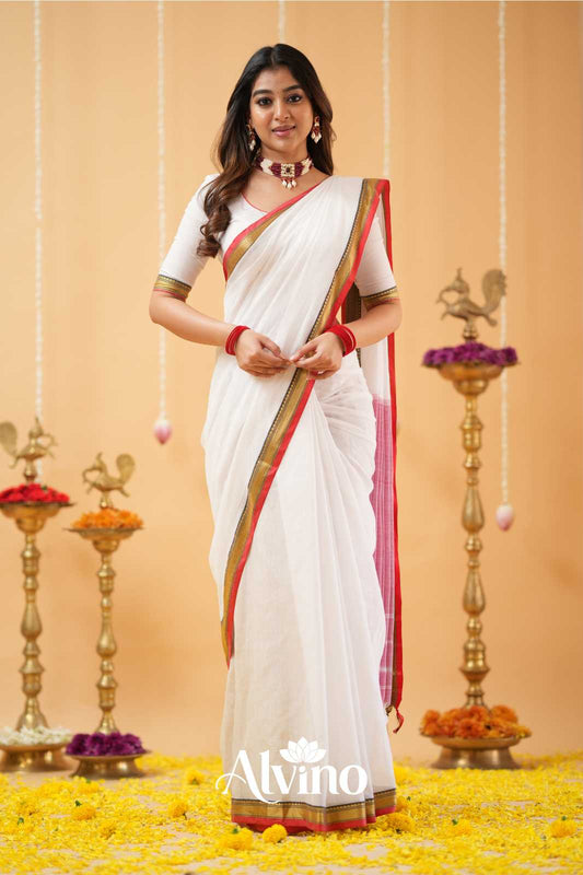 White Handloom  Narayanpet Cotton Saree