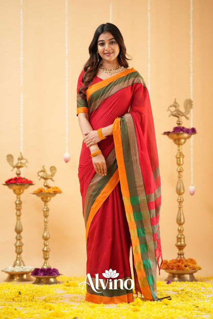 Red Handloom Narayanpet Cotton Saree