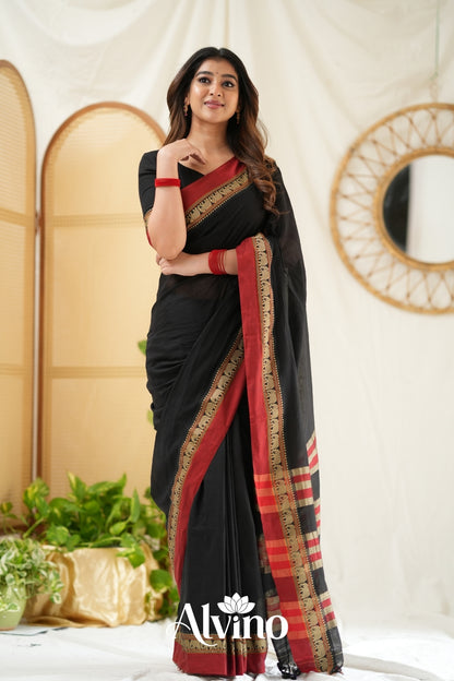 Black Handloom Narayanpet Cotton Saree