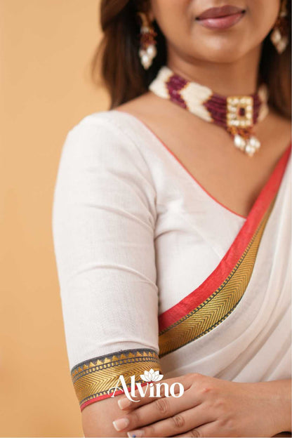 White Handloom  Narayanpet Cotton Saree