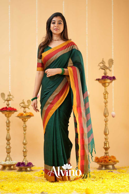 Dark Green Handloom Narayanpet Cotton Saree