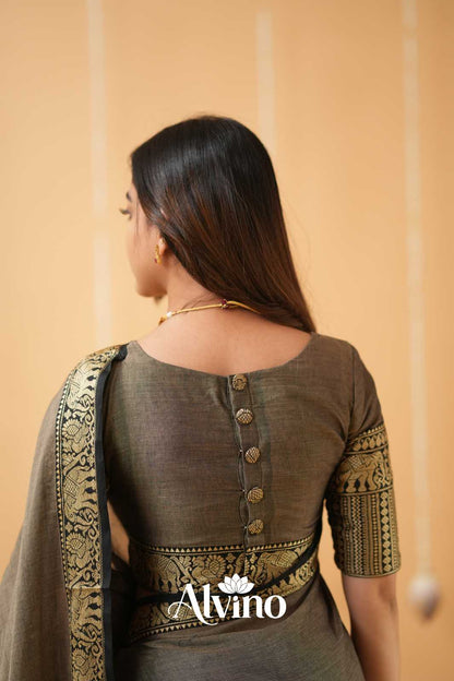 Charcoal Grey Handloom  Narayanpet Cotton Saree