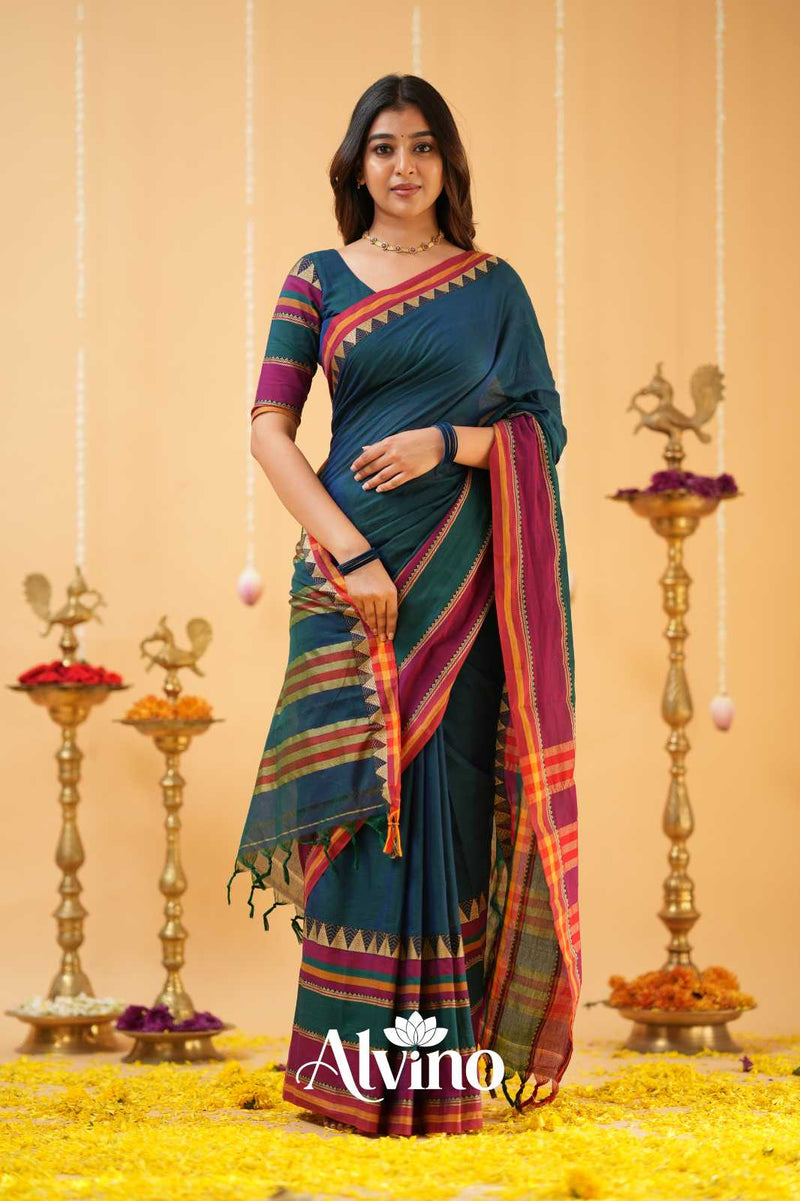 Teal Handloom Narayanpet Cotton Saree