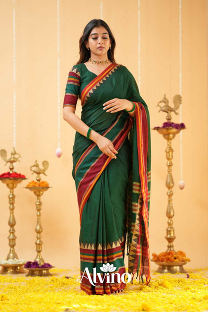 Dark Green Handloom Narayanpet Cotton Saree