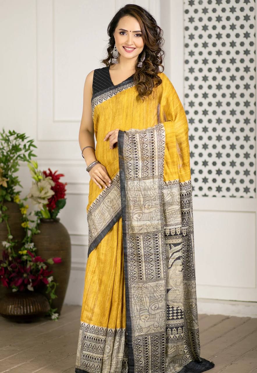 Yellow With Grey Broder Cotton LInen Madhubani Print Saree