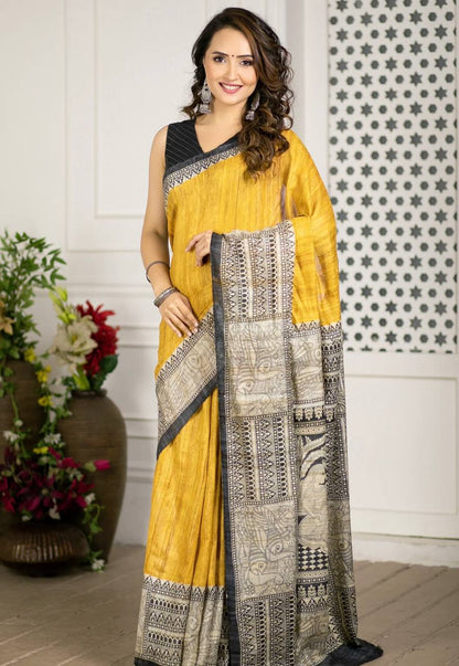 Yellow With Grey Broder Cotton LInen Madhubani Print Saree
