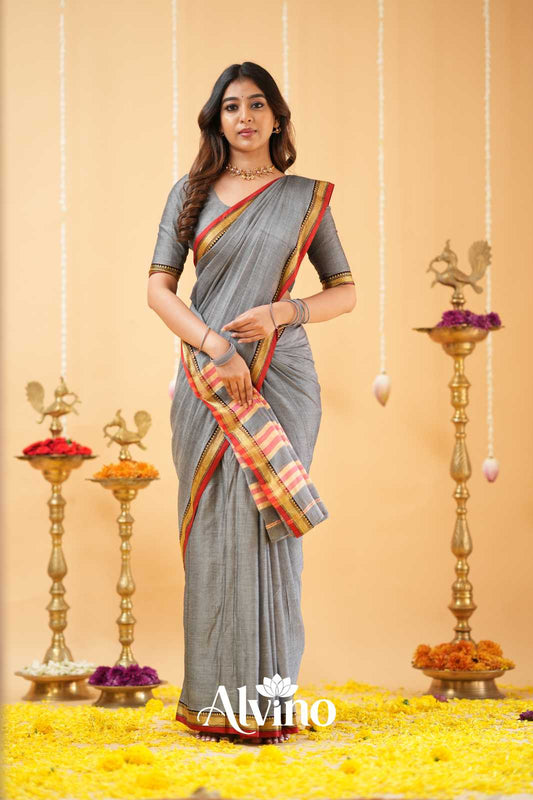 Grey  Narayanpet Cotton Saree