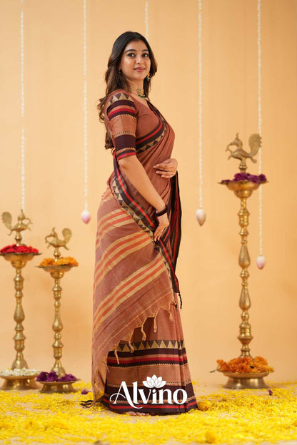 Peach Handloom Narayanpet Cotton Saree