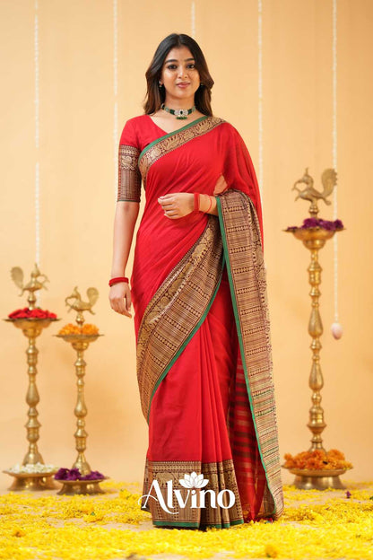 Red Handloom Narayanpet Cotton Saree