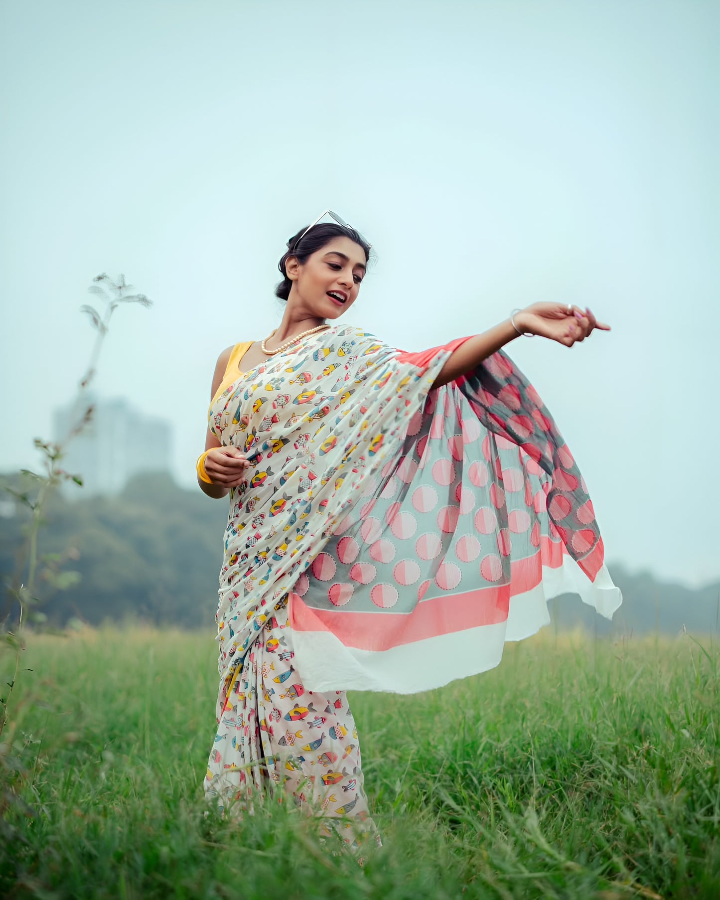 White Printed Mul Cottan Saree