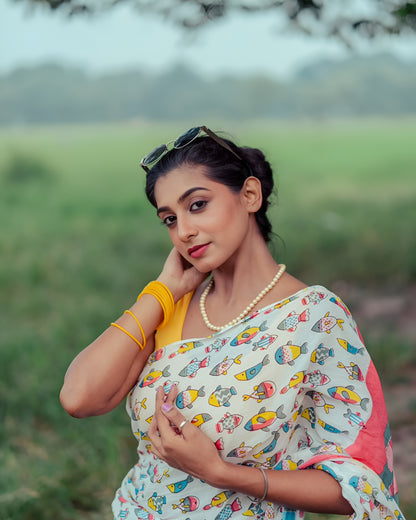 White Printed Mul Cottan Saree