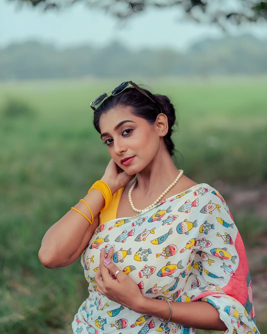 White Printed Mul Cottan Saree