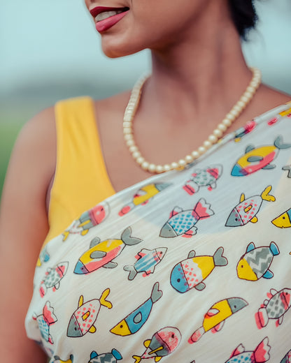 White Printed Mul Cottan Saree