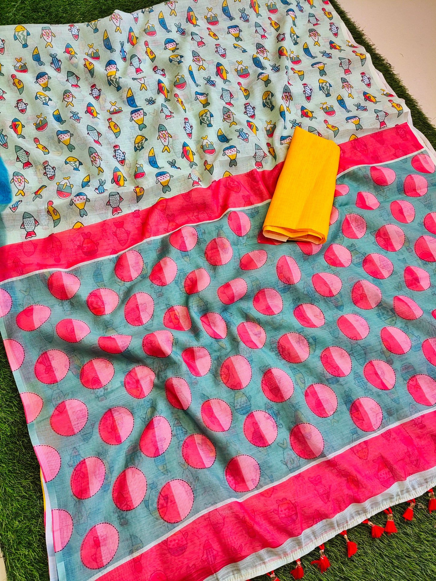 Red  Floral Print Bollywood Linen Cotton Saree