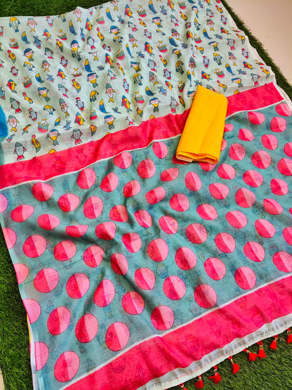 Red  Floral Print Bollywood Linen Cotton Saree